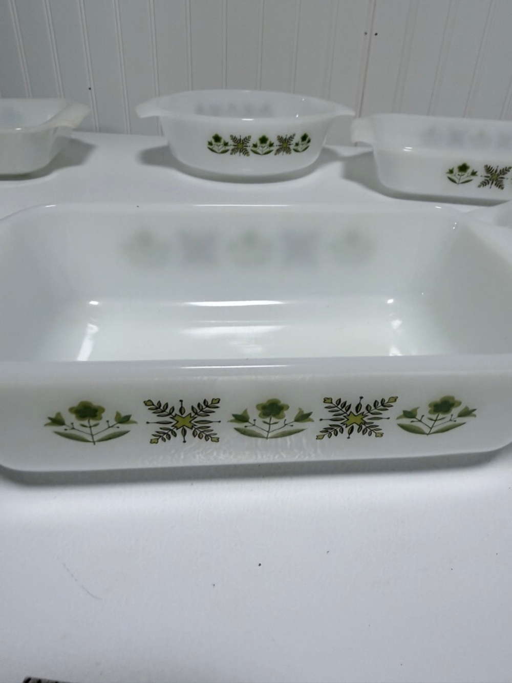 Vintage White Milk Glass Baking Dish with Green Floral Border